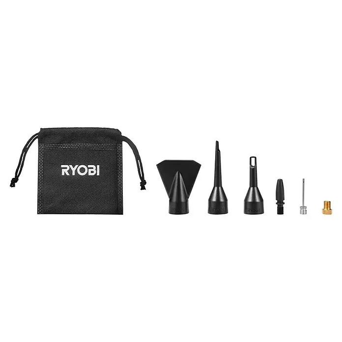 Ryobi ONE+ Akku-Kompressor RMI18-0 - 18 V, 11 bar - RYOBI Zubehörset mit Tasche, Düsen und Adaptern für verschiedene Anwendungen. Ideal für Werkstatt und unterwegs.
