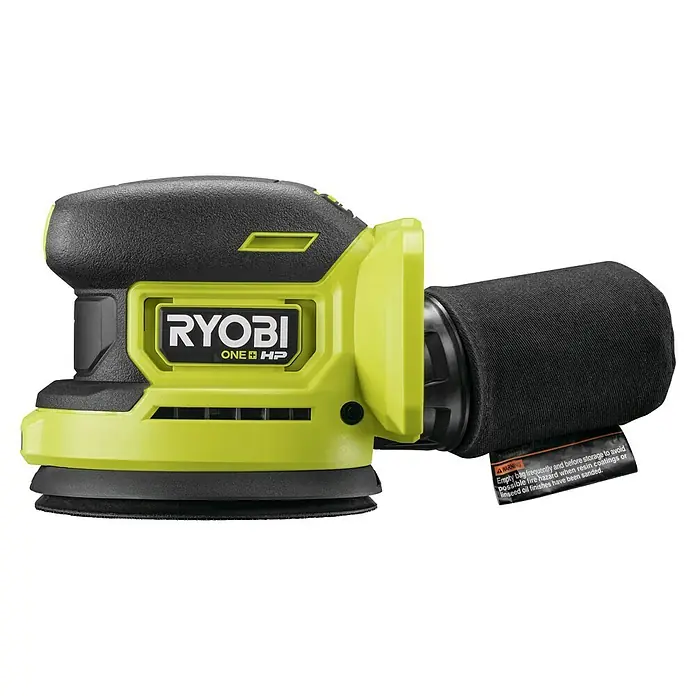 Ryobi ONE+ Akku-Exzenterschleifer RROS18C-0 - 18 V, Ohne Akku, Durchmesser Schleifteller: 125 mm - Nahaufnahme eines Ryobi ONE+ HP Exzenterschleifers in Schwarz und Limettengrün mit Staubbeutel.
