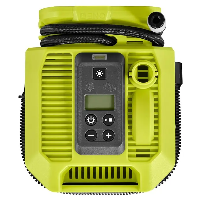 Ryobi ONE+ Akku-Kompressor RMI18-0 - 18 V, 11 bar - Ein gelber, digitaler Ryobi ONE+ Luftkompressor mit Bedienfeld und schwarzem Schlauch. Ideal für Reifen und andere aufblasbare Gegenstände.