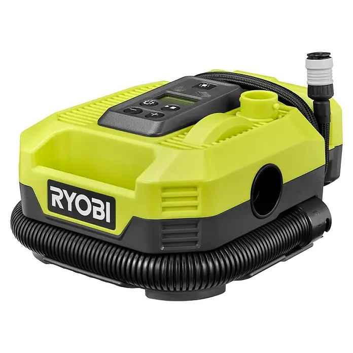 Ryobi ONE+ Akku-Kompressor RMI18-0 - 18 V, 11 bar - Das Bild zeigt einen tragbaren Ryobi Luftkompressor in Gelb und Grau mit einem digitalen Display und einem flexiblen Schlauch.