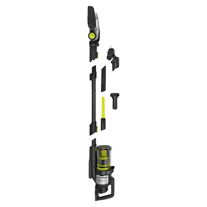 Ryobi ONE+ Akku-Staubsauger RASV18BL-0 - 18 V, Ohne Akku, Behältervolumen: 1.000 ml - Abbildung eines Ryobi Akku-Staubsaugers mit verschiedenen Aufsätzen. Ein vielseitiges Reinigungsgerät für jeden Bedarf.