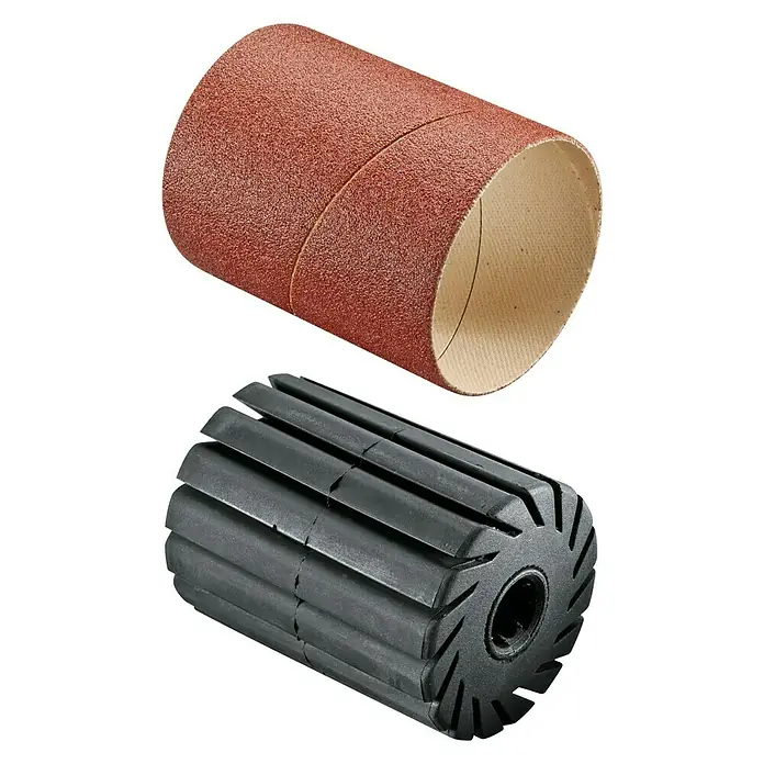 Bosch Vástago de alojamiento y lija circular - Grano: 80, Ancho: 30 mm - La imagen muestra una funda de lija y un tambor de goma para tareas de lijado, ideal para uso en talleres.