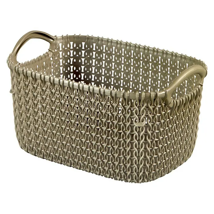 Curver Knit Cesto de cuero para la leña - Marrón, 3 l, Plástico - Cesta de almacenamiento de plástico tejido beige con asas para la organización del hogar. Un organizador práctico para varios artículos.