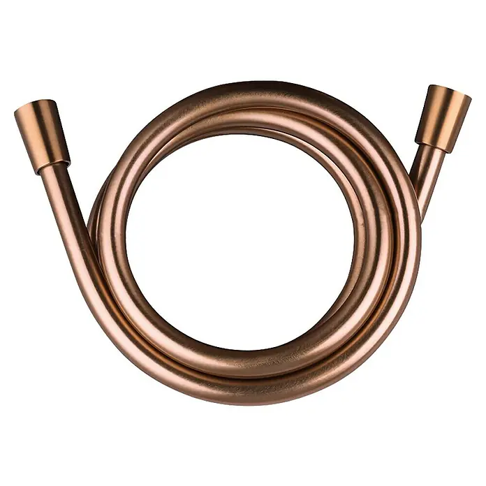 IO Flexo de ducha - Largo: 170 cm, Plástico, Cobre - Primer plano de una manguera de ducha de color cobre en bucle con accesorios en cada extremo.