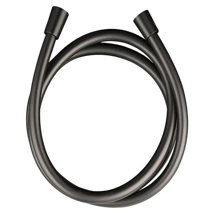 IO Flexo de ducha - Largo: 170 cm, Plástico, Titanio - Se muestra una manguera de ducha metálica flexible. La manguera está enrollada en forma de espiral y tiene conectores en ambos extremos.