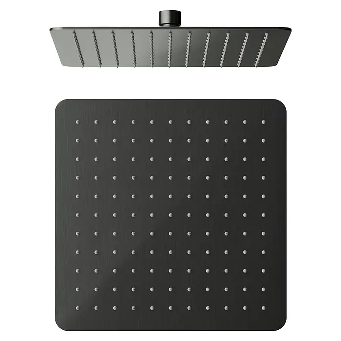 IO Rociador de ducha Cuadrado - Titanio - Imagen de un cabezal de ducha cuadrado negro con muchas boquillas pequeñas. Ideal para un diseño de baño moderno.