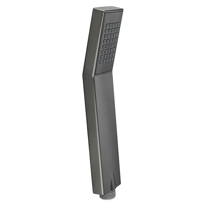 IO Inverter C Teleducha - Número de funciones: 1 ud., Titanio - Primer plano de un moderno cabezal de ducha cuadrado en gris oscuro, destacando su diseño minimalista y líneas limpias.