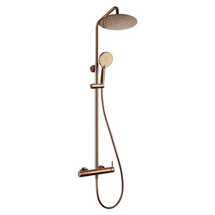 IO Inverter R Sistema de ducha - Grifo monomando, Distancia entre orificios: 15 cm, Número de tipos de chorro: 3 ud., Cobre - Imagen de un elegante conjunto de ducha color cobre con rociador de cabeza y ducha de mano, ideal para baños modernos.