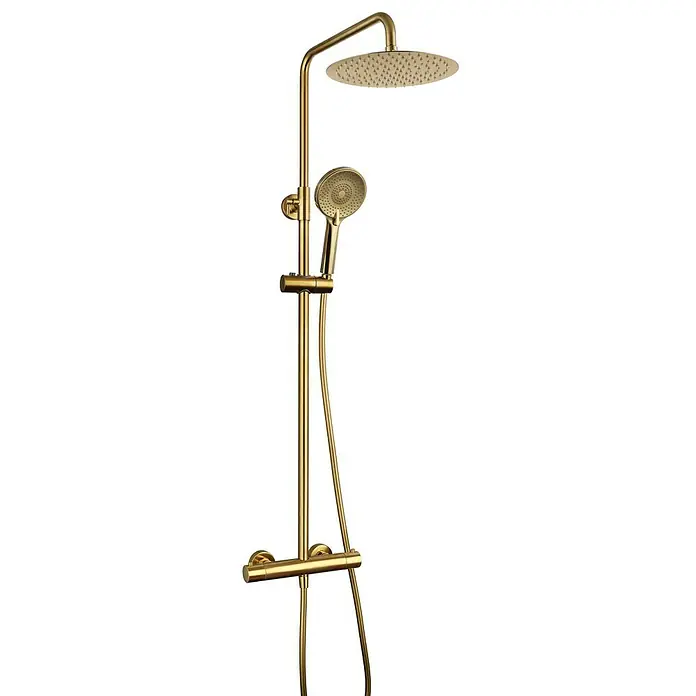 IO Round Sistema de ducha Elite - Oro - Sistema de ducha dorado con rociador superior y ducha de mano para una experiencia de ducha lujosa. Acabado de alta calidad para un disfrute duradero.