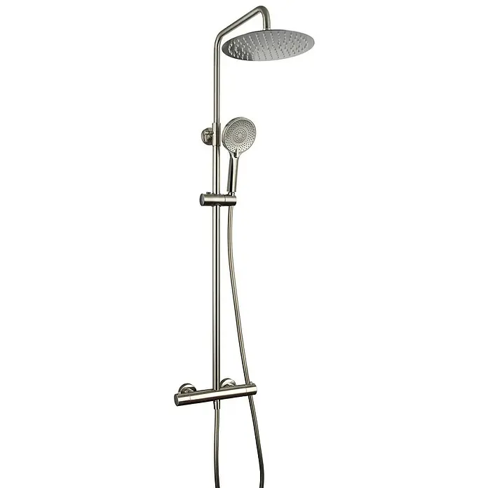 IO Round Sistema de ducha Elite - Níquel - Un moderno conjunto de ducha con cabezal y ducha de mano en níquel cepillado para una elegante experiencia de baño.