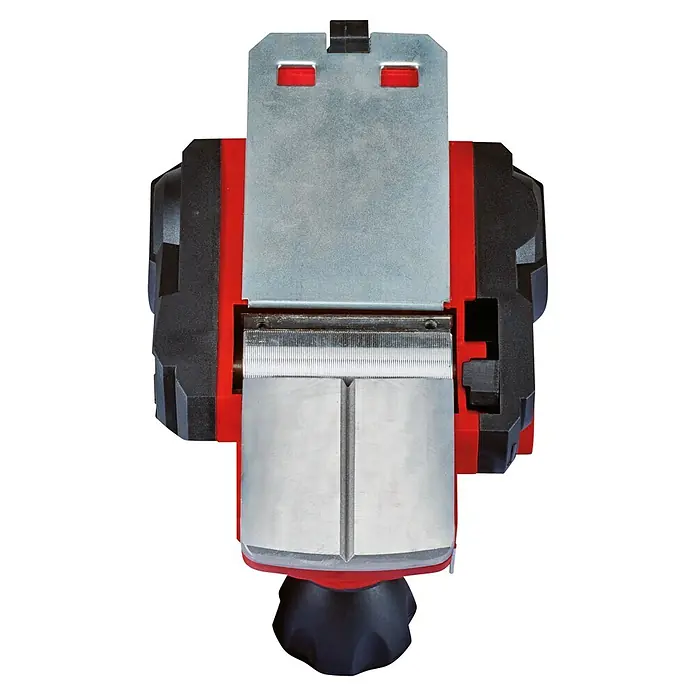 Einhell Cepilladora eléctrica TC-PL 750 - 750 W, Profundidad de cepillo: 0 mm - 2 mm, Número de revoluciones de marcha en vacío: 0 r.p.m. - 17.000 r.p.m. - Primer plano de un cepillo eléctrico con cuerpo rojo, mangos negros y base de cepillado plateada. La herramienta está diseñada para trabajos precisos de madera.