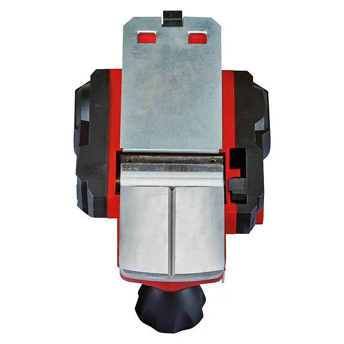 Einhell Cepilladora eléctrica TC-PL 750 - 750 W, Profundidad de cepillo: 0 mm - 2 mm, Número de revoluciones de marcha en vacío: 0 r.p.m. - 17.000 r.p.m. - Primer plano de un cepillo eléctrico con cuerpo rojo, mangos negros y base de cepillado plateada. La herramienta está diseñada para trabajos precisos de madera.