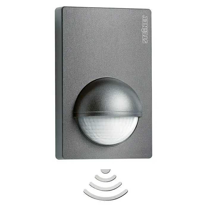 Steinel Bewegungsmelder IS 180-2 anthrazit - Reichweite Sensor: 12 m, Anthrazit, Erfassungswinkel Sensor: 180 °, L x B x H: 56 x 76 x 120 mm - Das Bild zeigt einen Steinel Bewegungsmelder in Grau mit einem Sensor und WiFi Zeichen.