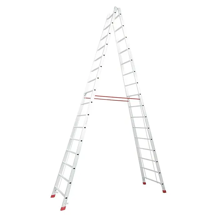 Krause Stabilo Doppelleiter - Anzahl Tritte: 32 Stk., Arbeitshöhe: 5,75 m, Aluminium - Silberne Stehleiter mit roten Akzenten an den Füßen und einer roten Sicherheitsverriegelung in der Mitte vor schwarzem Hintergrund.