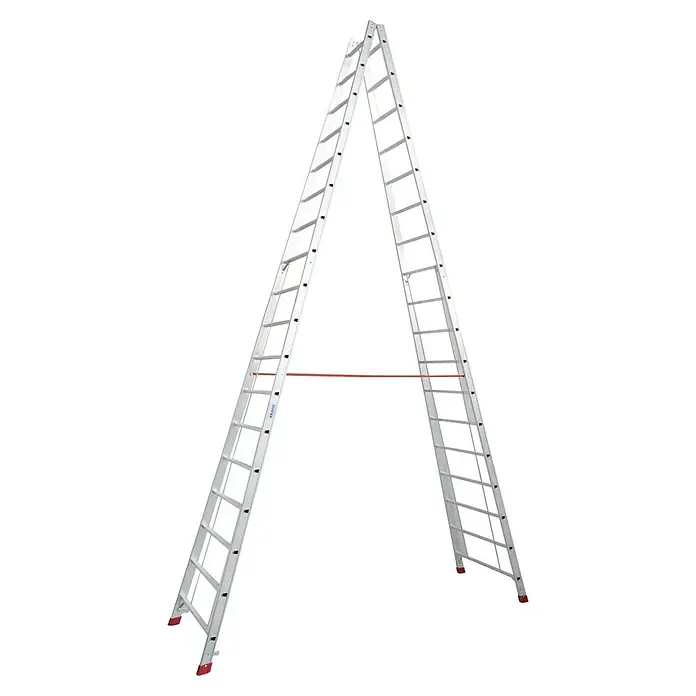 Krause Stabilo Doppelleiter - Anzahl Tritte: 36 Stk., Arbeitshöhe: 6,25 m, Aluminium - Eine silberne Klappleiter mit roten Füßen und einer roten Plattform. Die Leiter steht auf einem schwarzen Hintergrund.