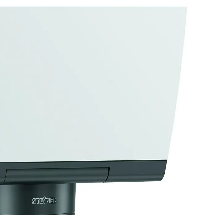 Steinel LED-Strahler XLED home 2 XL S graphit - 19,3 W, L x B x H: 161 x 180 x 214 mm, Graphit - Nahaufnahme einer STEINEL-Lampe, die modernes Design und Funktionalität vereint und sich ideal für Innen- und Außenbereiche eignet.