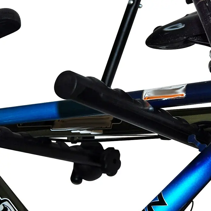 Eufab Fahrrad-Wandhalter - Traglast: 45 kg - Nahaufnahme eines Fahrradträgers mit schwarzer Halterung und blauen Fahrradrahmen.