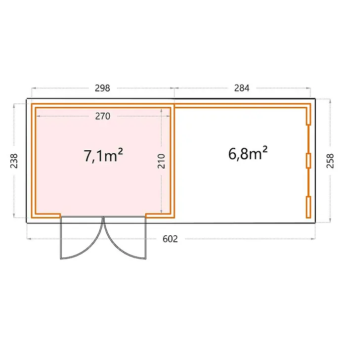 Telluria Metallgerätehaus Classico 3024 mit Lounge S rechts inkl. 2 Fenster - Außenmaß inkl. Dachüberstand (B x T): 602 x 258 cm, Stahl, Lichtgrau/Anthrazit, Ohne Set - Grundriss eines zweigeteilten Gebäudes mit den Flächen 7,1 m² und 6,8 m² und Maßangaben in Zentimetern.