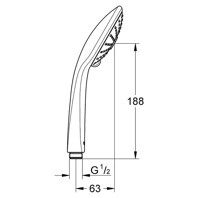 Grohe Vitalio Joy Handbrause - Anzahl Funktionen: 3 Stk., Chrom - Schema einer Handbrause mit Maßen, die die Abmessungen und den Anschluss der Brause zeigen.