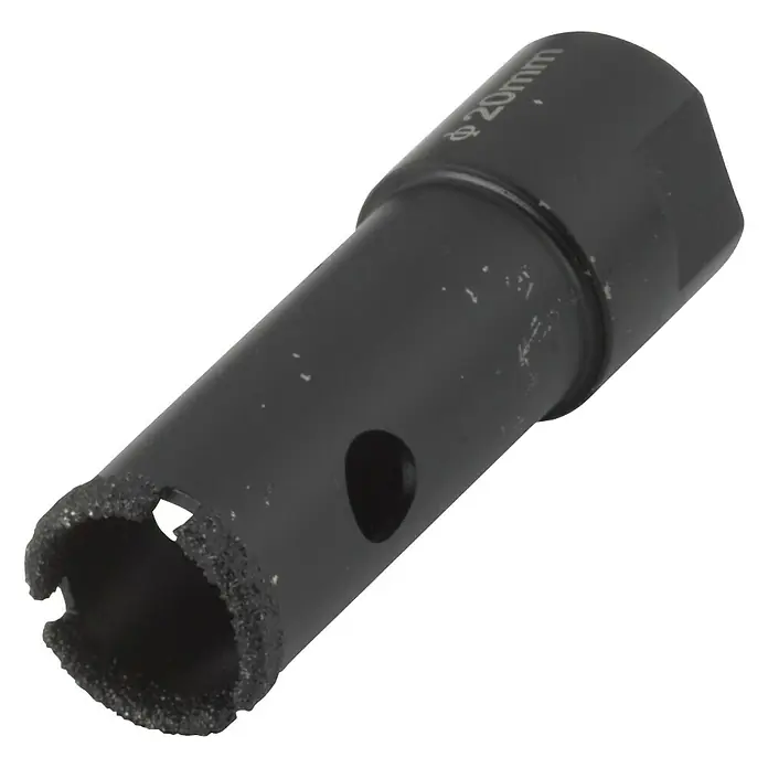 Wolfcraft Diamant-Lochsäge Ceramic Winkelschleifer - Durchmesser Bohrloch: 20 mm, Schnitttiefe: 45 mm, M14 Gewinde - Das Bild zeigt eine 20mm Diamant-Lochsäge, ein Werkzeug zum Bohren von sauberen Löchern in harte Materialien wie Fliesen oder Glas.