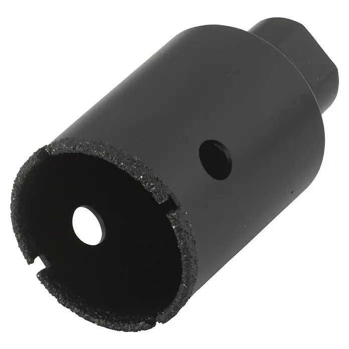 Wolfcraft Diamant-Lochsäge Ceramic Winkelschleifer - Durchmesser Bohrloch: 40 mm, Schnitttiefe: 45 mm, M14 Gewinde - Abgebildet ist eine schwarze Diamant-Lochsäge, ein Werkzeug zum präzisen Bohren sauberer Löcher in harte Materialien wie Fliesen.