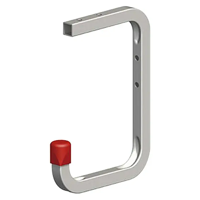 Wand- & Deckenhaken - 115 x 100 x 160 mm, Belastbarkeit: 30 kg, Verzinkt, Passend für: Coaxis Profile - Nahaufnahme eines silbernen Garagenaufhängers mit einer roten Schutzkappe. Geeignet für die Werkstatt oder Garage zur Aufbewahrung verschiedener Gegenstände.