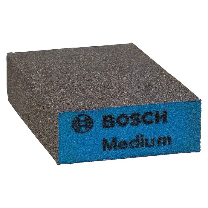 Bosch Esponja abrasiva Flat - L x An x Al: 97 x 69 x 26 mm, Medio - La imagen muestra un bloque de lija de grano medio de Bosch, perfecto para diversas tareas de lijado.