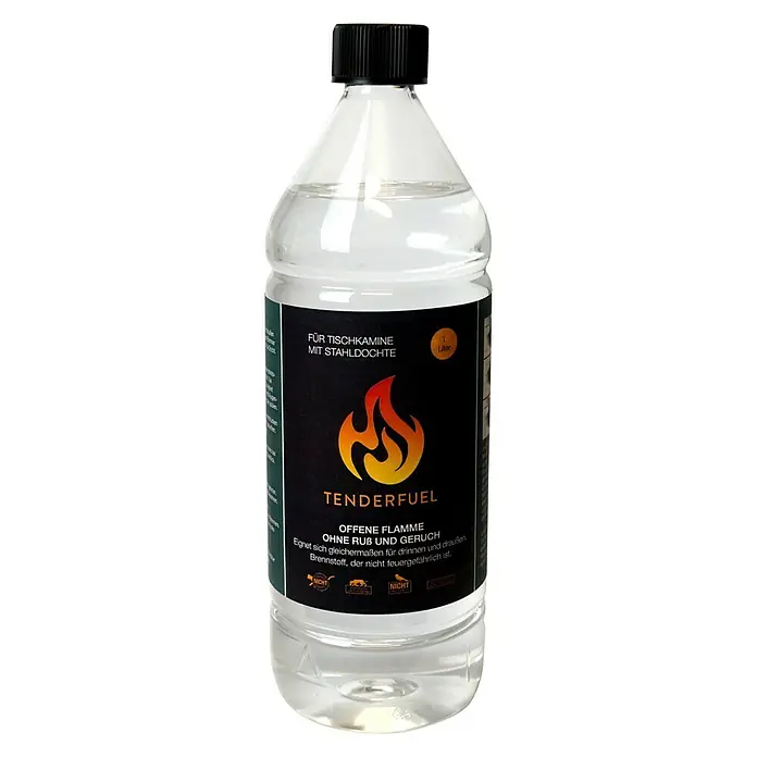 Tenderflame Spezialbrennstoff - 1 l - Eine Flasche Tenderfuel, ein Brennstoff für Tischkamine mit Edelstahldochten. Es ist geruchlos und nicht feuergefährlich.