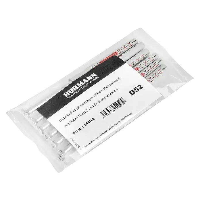 Hörmann Dübel-Set Standard D52 - 10 x 100 mm, 6 Stk., Passend für: Hörmann Brandschutztüren H3-1 OD - Bild eines Dübelpakets von Hörmann mit Schrauben und Dübeln für Massivwände. Ideal für sichere Befestigungen.