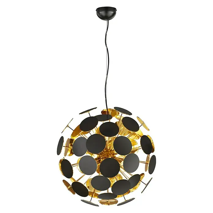 Reality Leuchten Pendelleuchte rund Discalgo - 40 W, Ø x H: 54 x 150 cm, Schwarz, Gold, E14 - Eine elegante Hängelampe mit goldenen und schwarzen Scheiben, die ein modernes und stilvolles Design bietet. Perfekt als Blickfang im Raum.
