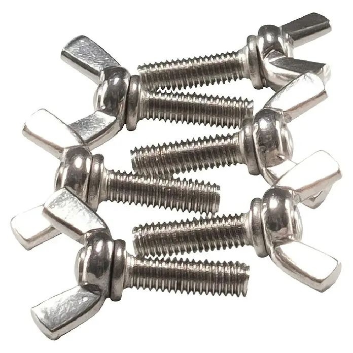 Masys Flügelschrauben - Länge: 16 mm, M 5 - Bild von vier Flügelschrauben aus Metall, die auf einer ebenen Fläche angeordnet sind. Sie zeigen ein präzises Gewinde und glänzende Flügel.