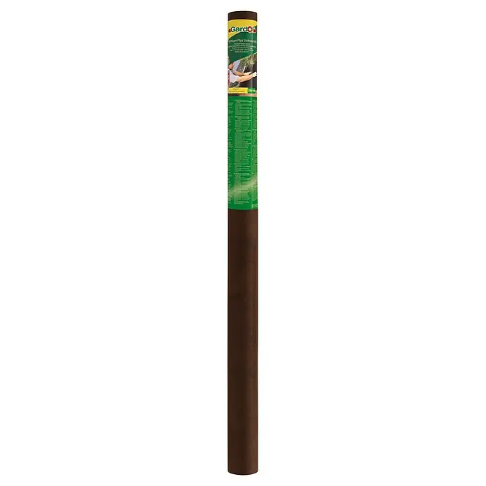 Gardol Premium Unkrautvlies Plus - Polypropylen, 10 x 1,15 m - Eine Rolle Gardigo Unkrautvlies, ein braunes, zylindrisches Produkt mit grüner Banderole, ideal für Gartenarbeiten.