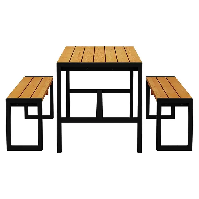 Promadino Gartenmöbel-Set Sylt - 3 -tlg., Kiefernholz, Braun/Schwarz - Tisch und zwei Bänke mit schwarzem Metallrahmen und hellen Holzlatten.