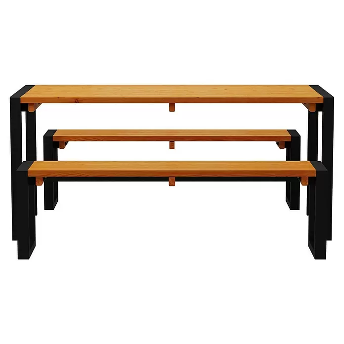 Promadino Gartenmöbel-Set Sylt - 3 -tlg., Kiefernholz, Braun/Schwarz - Picknicktisch mit zwei Bänken aus hellbraunen Holzbrettern und schwarzem Metallrahmen.