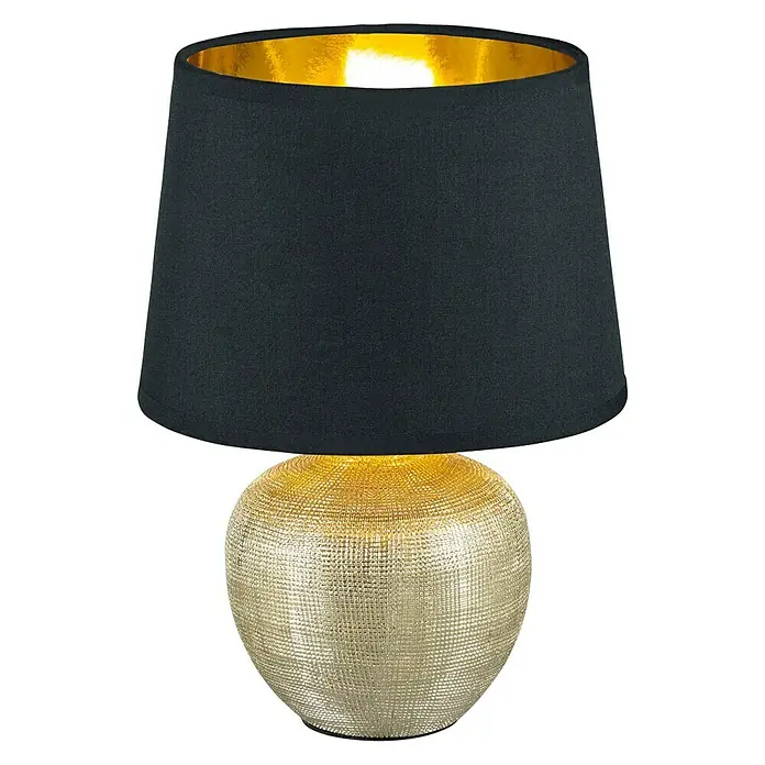 Reality Leuchten Tischleuchte rund Luxor - 60 W, Ø x H: 150 mm x 26 cm, Gold, Schwarz, Gold, E14 - Elegante Tischleuchte mit einem schwarzen Lampenschirm und einem goldenen, strukturierten Lampenfuß.