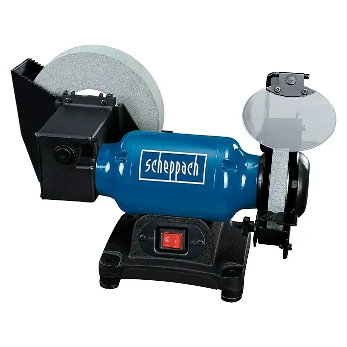 Scheppach Elektro-Nass-Trockenschleifer BG 200W - 250 W - Scheppach Doppelschleifer mit Schleifscheibe und Schutzvorrichtung für präzises Schleifen.