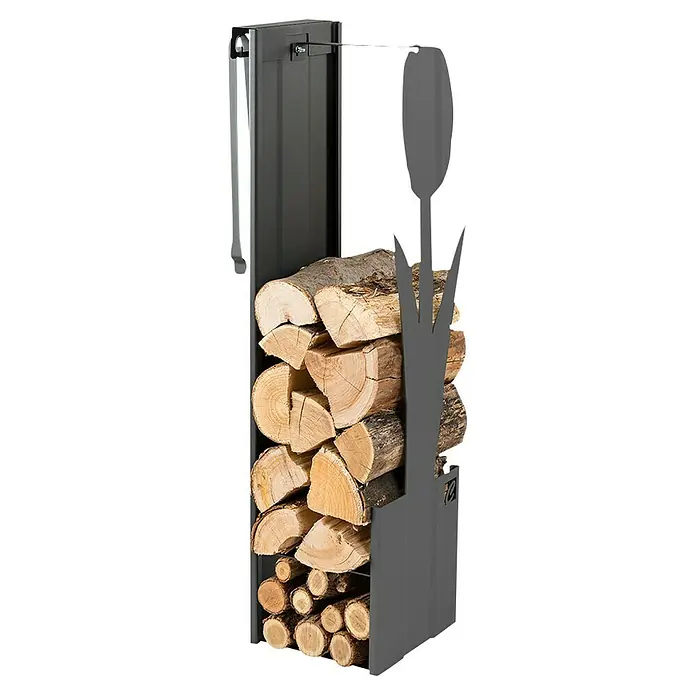 Holzkorb Fiore ATT - 30 x 33 x 110 cm, Stahl, Schwarz - Dieser Kaminholzständer bietet eine stilvolle Aufbewahrungslösung mit einem dekorativen Schilfdesign und effizienter Holzstapelung.