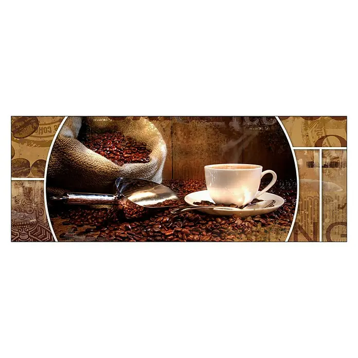 Glasbild - Coffee Composition I, B x H: 80 x 30 cm - Stillleben mit Kaffeebohnen, Schaufel und einer Tasse Kaffee, das die Wärme und den Genuss des Kaffeetrinkens vermittelt.