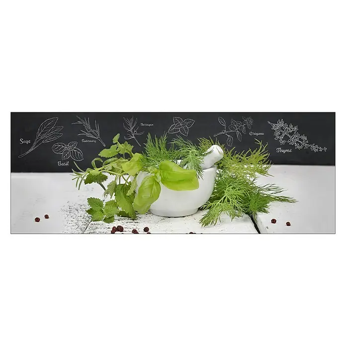 Glasbild - Kräutermix, B x H: 125 x 50 cm - Ein weißer Mörser mit frischen Kräutern wie Basilikum, Dill und Melisse vor einer Tafel mit Kräuterzeichnungen.