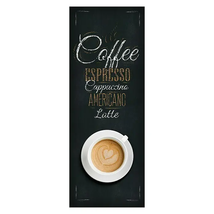 Glasbild - Coffee Americano, B x H: 30 x 80 cm - Kaffeehaus-Menütafel mit einer Tasse Kaffee und der Aufschrift "Coffee", Espresso, Cappuccino, Americano und Latte.