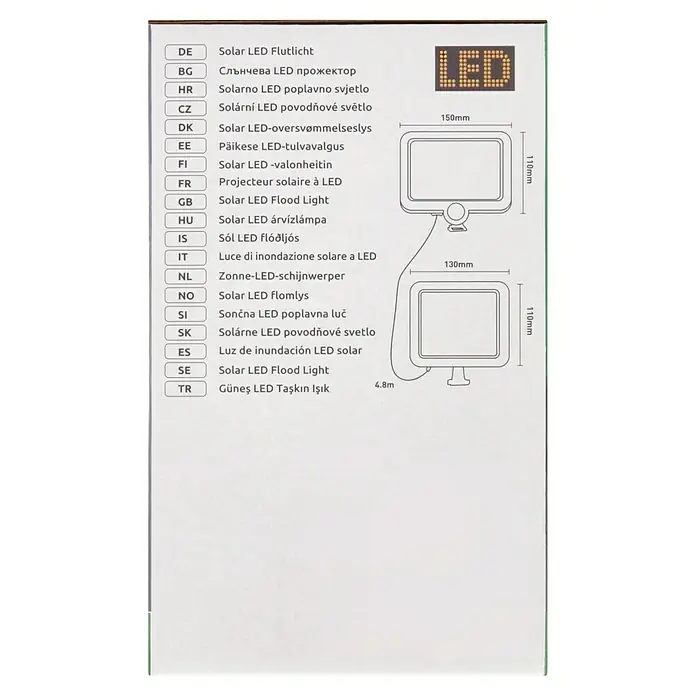 BAUHAUS Solar-Außenwandleuchte - 3 W, Schwarz, IP44, 300 lm - Abbildung einer Solar LED Flutlicht, mit den Maßen 110x150mm, verbunden mit einem 110x130mm Solarpanel und 4,8m Kabel.