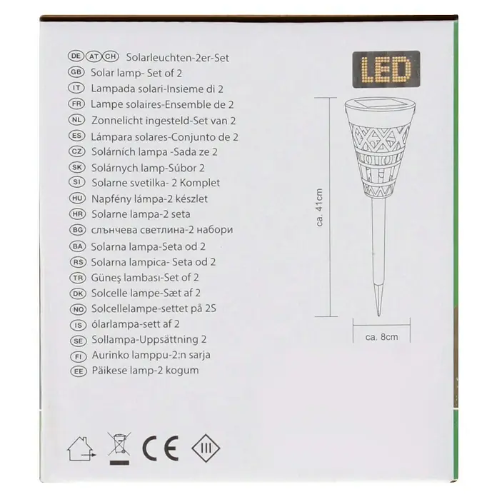 BAUHAUS Solar-Erdspieß - Schwarz/Gold, IP44, 3 lm - Solarleuchten-2er-Set: Detailaufnahme der Produktverpackung mit einer Illustration einer LED-Solarlampe und einer Größenangabe.