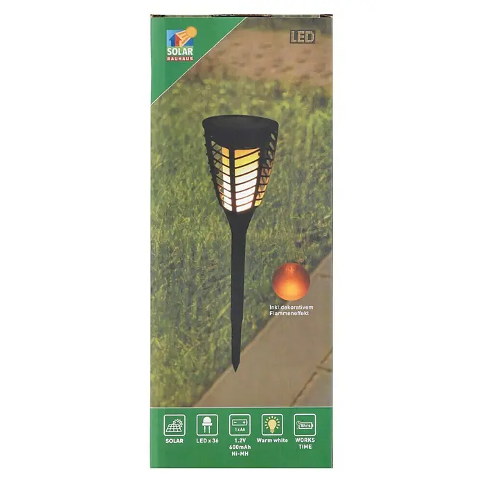 BAUHAUS Solar-Erdspieß Fackel Flame - Schwarz - Produktverpackung für eine Solar-Gartenfackel mit Flammeneffekt und LED-Beleuchtung.