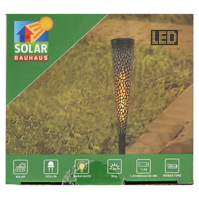 BAUHAUS Solar-Dekoleuchte - Schwarz/Silber, IP44 - Verpackung für eine Solar Bauhaus LED-Gartenfackel mit 36 warmweißen LEDs und 8 Stunden Leuchtdauer.