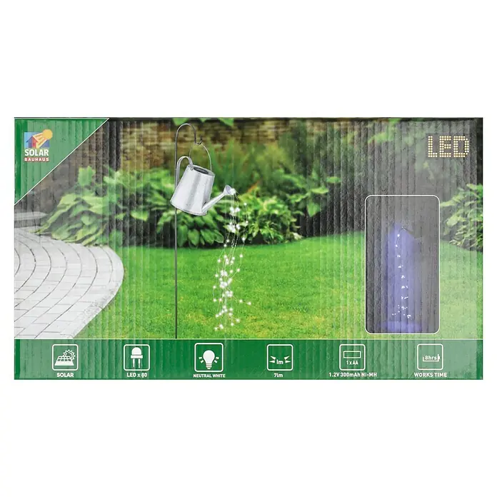 BAUHAUS Solar-Dekoleuchte Gießkanne auf Erdspitz - 0,06 W, L x B x H: 30 x 17 x 112 cm, Schwarz/Silbergrau, IP44 - Produktverpackung für eine Solar-Gießkanne mit LED-Lichtern, die ein warmes, neutrales Licht ausstrahlen und eine Laufzeit von 8 Stunden bieten.
