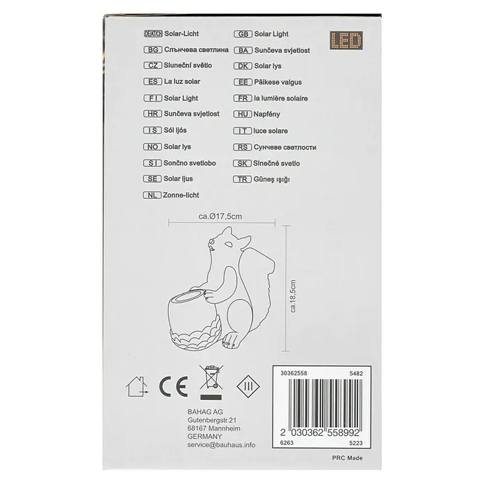 BAUHAUS Solar-Dekoleuchte Eichhörnchen - L x B x H: 19,5 x 12,5 x 18 cm, Braun, IP44 - Abbildung einer Solarleuchte in Eichhörnchenform mit Größenangaben und Herstellerinformationen.