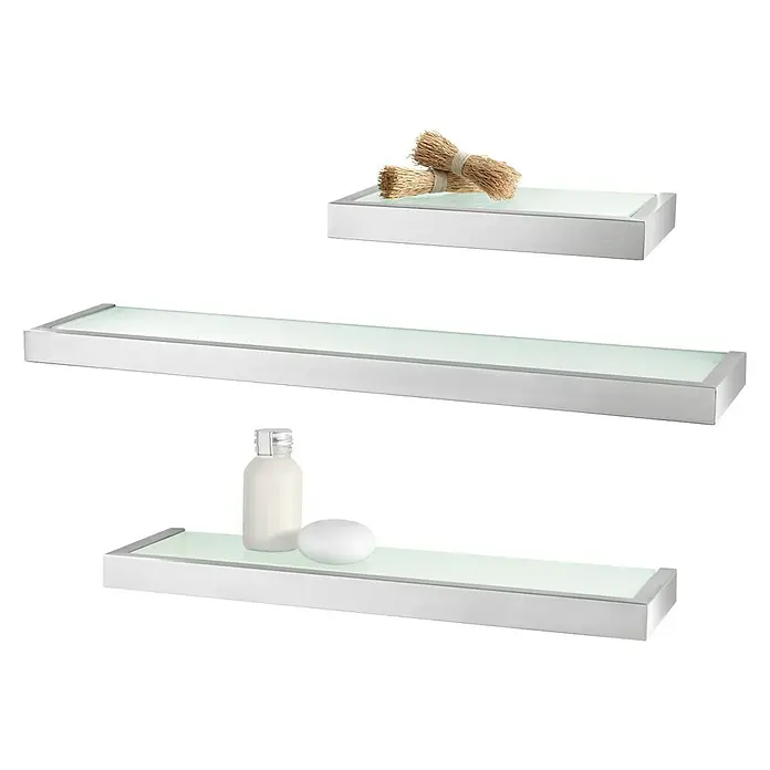 Zack Linea Badablage - Breite: 46,5 cm, Edelstahl, Matt - Drei Regalböden mit Glasablage und Deko-Elementen für Badezimmer. Die schwebenden Regale bieten praktischen Stauraum und modernes Design.