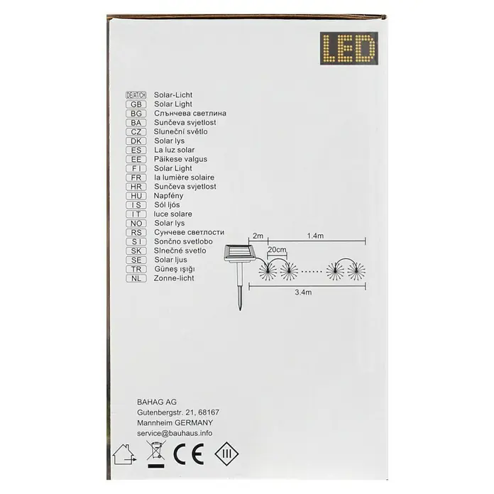 BAUHAUS Solar-Lichterkette Feuerwerk - Länge: 3,4 m, LED - Bild einer Verpackung mit der Aufschrift "LED Solar Lichterkette" mit technischen Details und Herstellerinformationen.