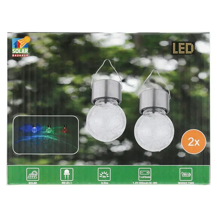 BAUHAUS Solar-Hängeleuchte - Nickel, Klar, IP44 - Abbildung einer Verpackung von Solar-Gartenleuchten mit LED-Beleuchtung und dekorativem Crackle-Glas-Design für den Außenbereich.