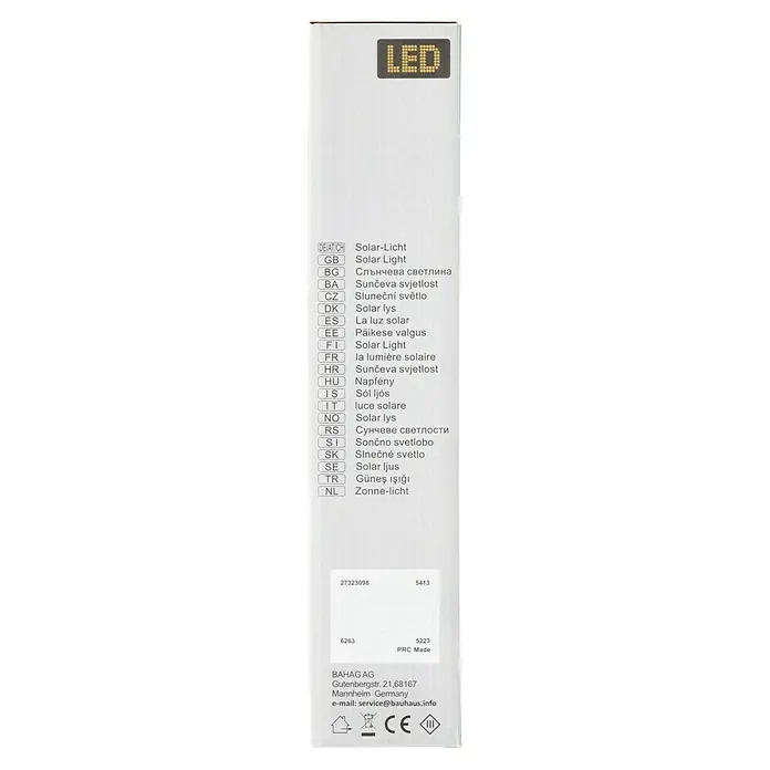 BAUHAUS Solarleuchten-Set Piazza - 4 Stk., L x B x H: 6 x 6 x 39 cm, Anthrazit, IP44, 3 lm - Seitenansicht der Produktverpackung einer Solarleuchte mit LED-Hinweis und mehrsprachiger Beschreibung.